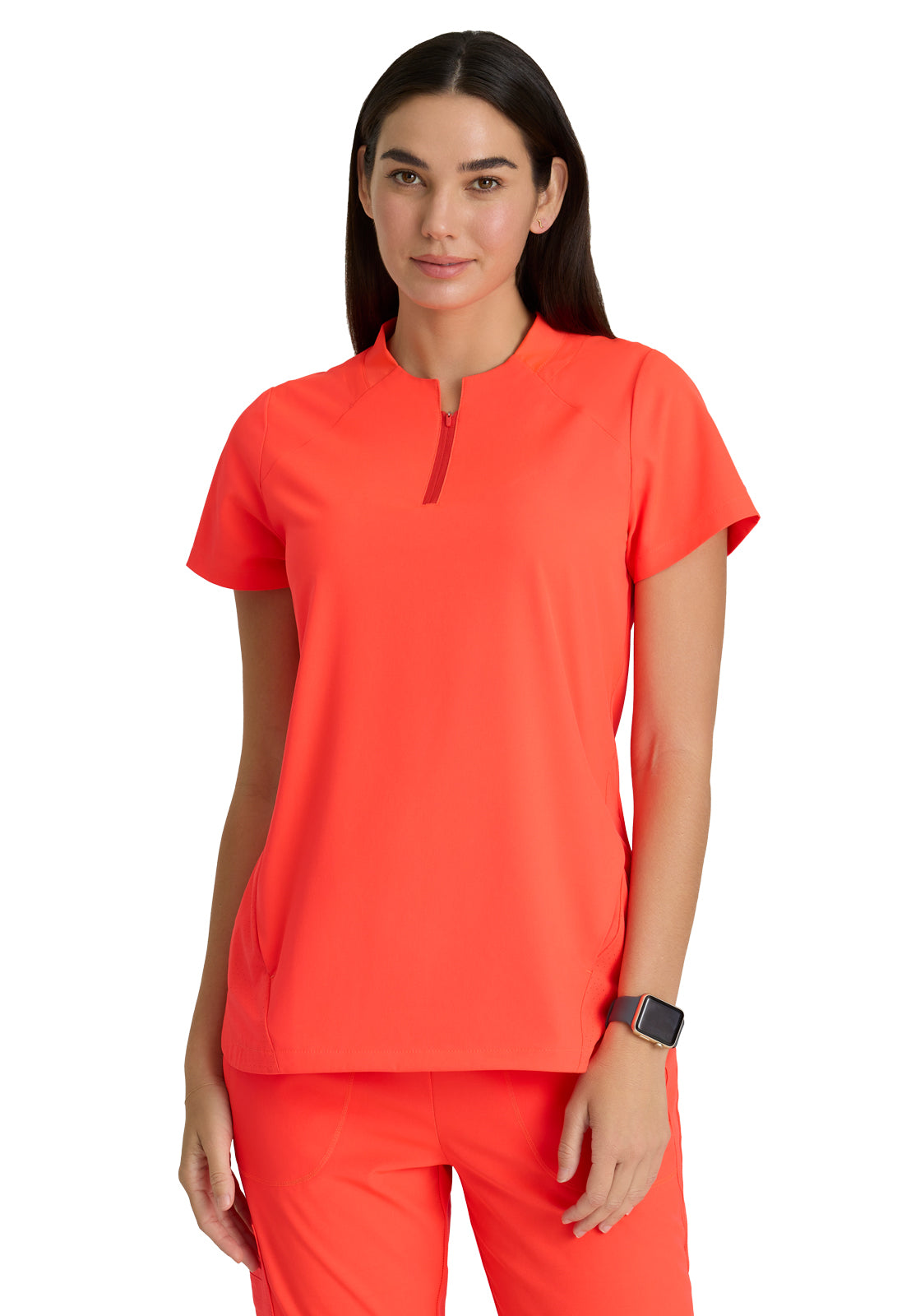 Women's 2 Pocket Banded Zip Collar Flux Scrub Top - BOT216 - Neon Flame