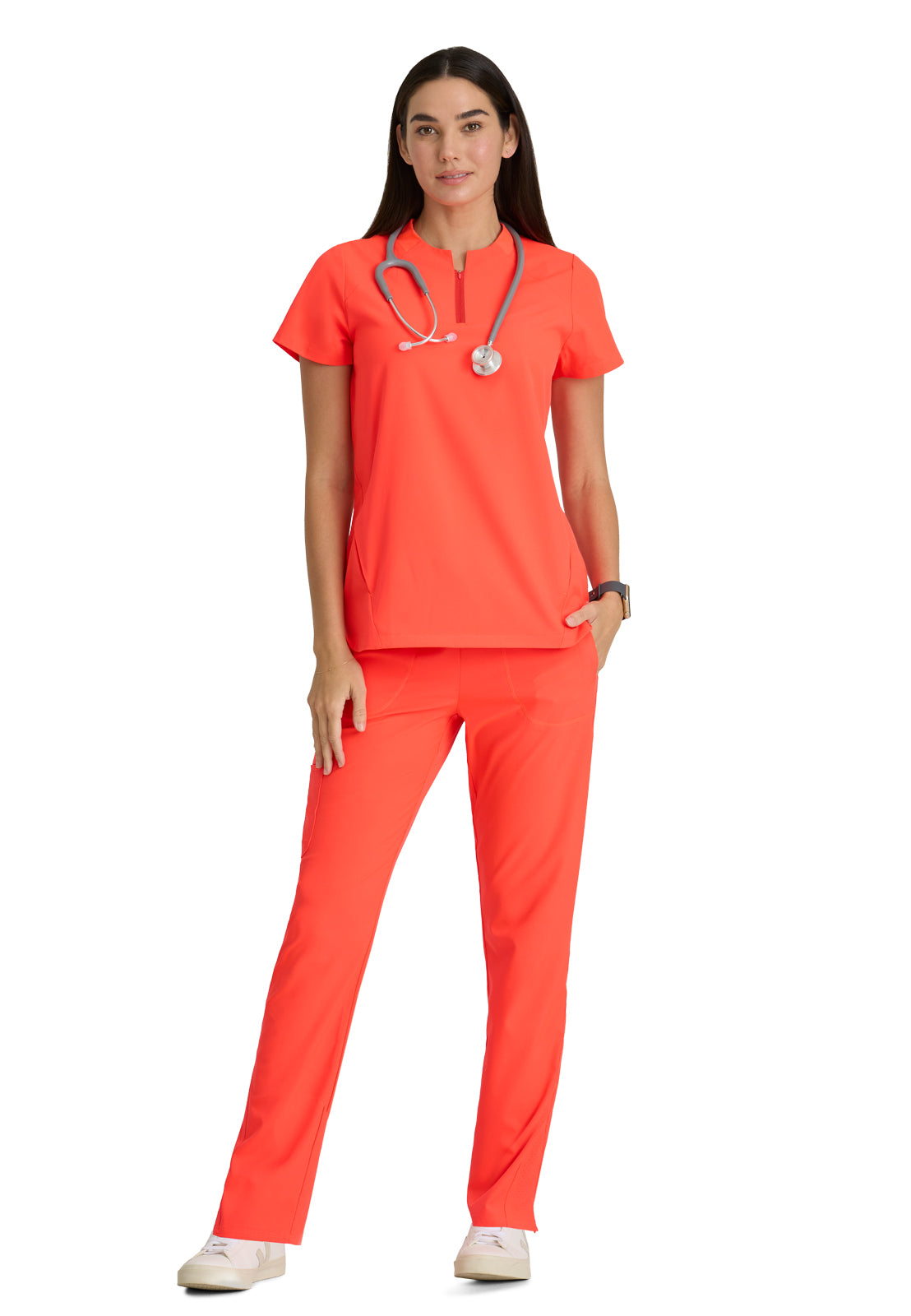 Women's 2 Pocket Banded Zip Collar Flux Scrub Top - BOT216 - Neon Flame