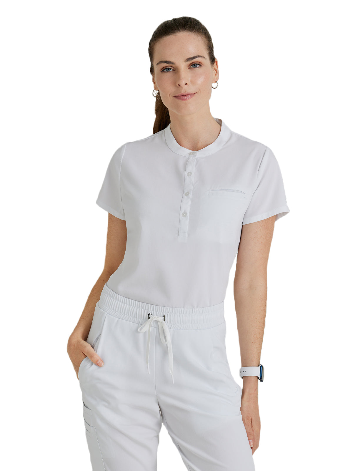 Women's One-Pocket Henley Style Mission Scrub Top - BUT163 - White