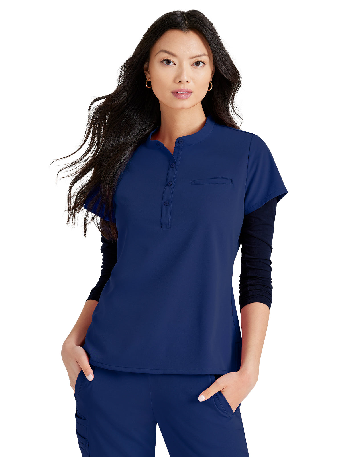 Women's One-Pocket Henley Style Mission Scrub Top - BUT163 - Indigo (Navy)
