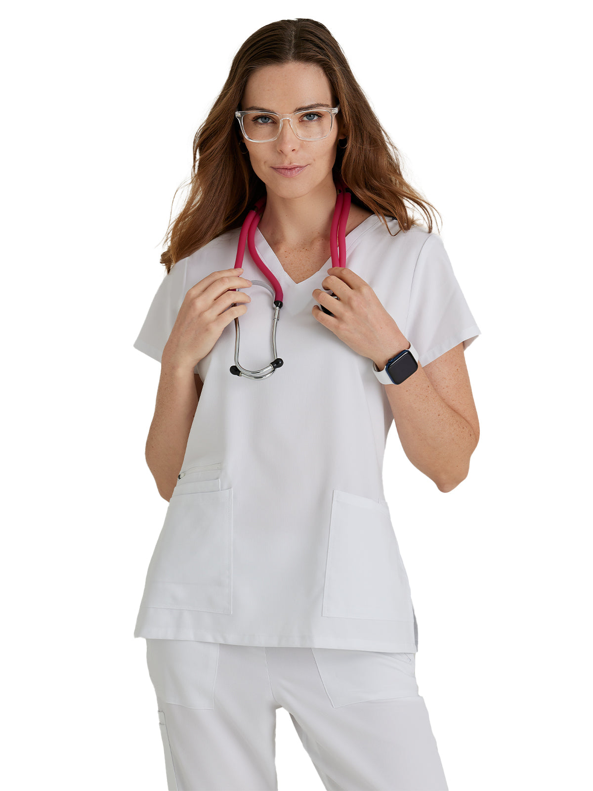 Women's Four-Pocket V-Neck Purpose Scrub Top - BUT167 - White