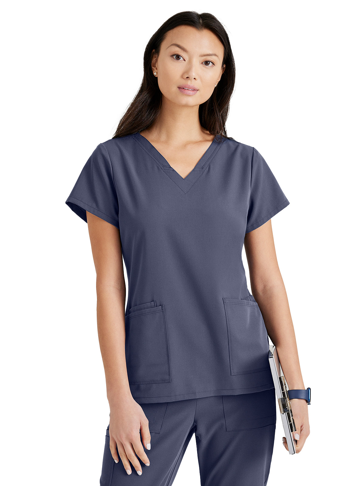 Women's Four-Pocket V-Neck Purpose Scrub Top - BUT167 - Steel