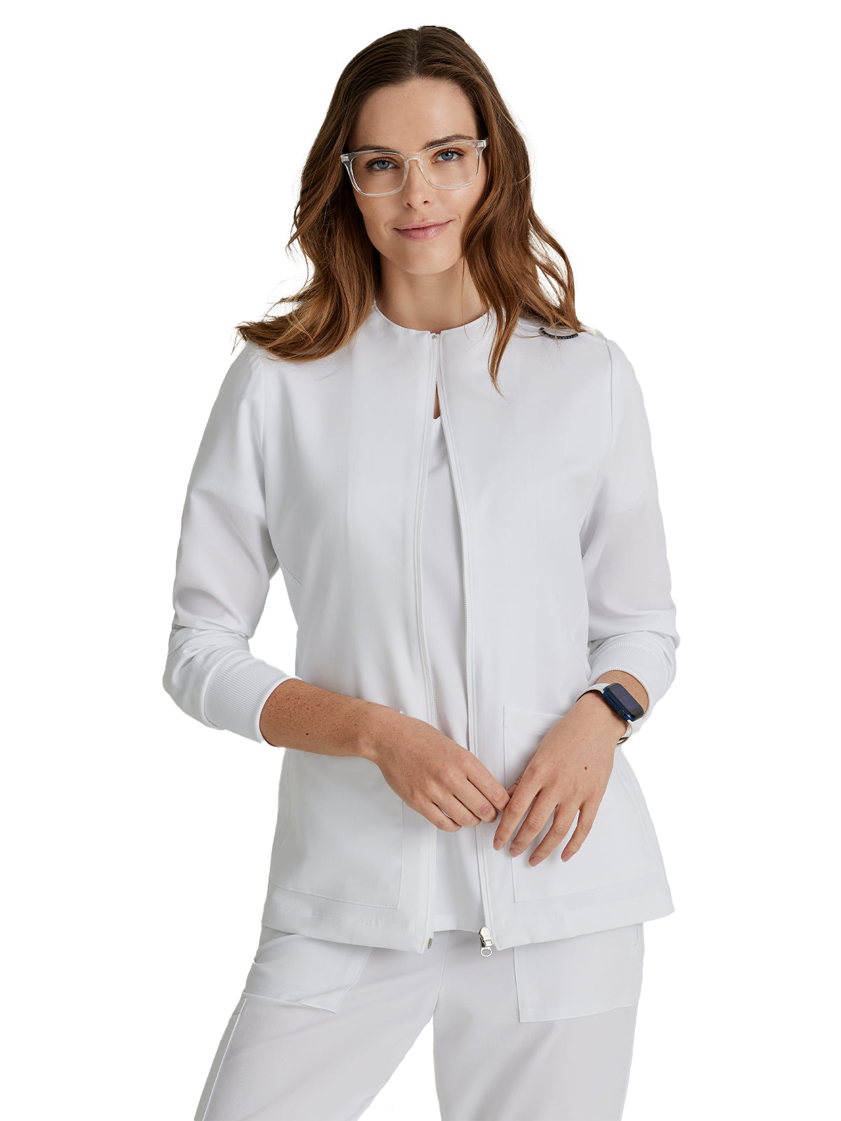 Women's Three-Pocket Zip-Up Team Warm-Up Scrub Jacket - BUW884 - White
