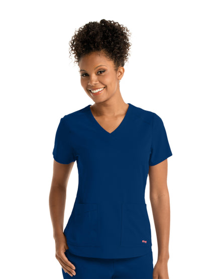 Women's Four-Pocket V-Neck Emma Scrub Top - GRST011 - Indigo (Navy)