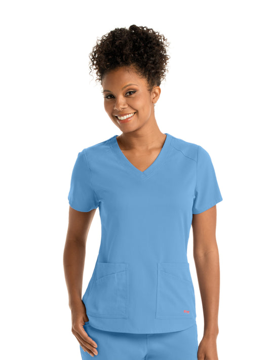 Women's Four-Pocket V-Neck Emma Scrub Top - GRST011 - Ciel Blue