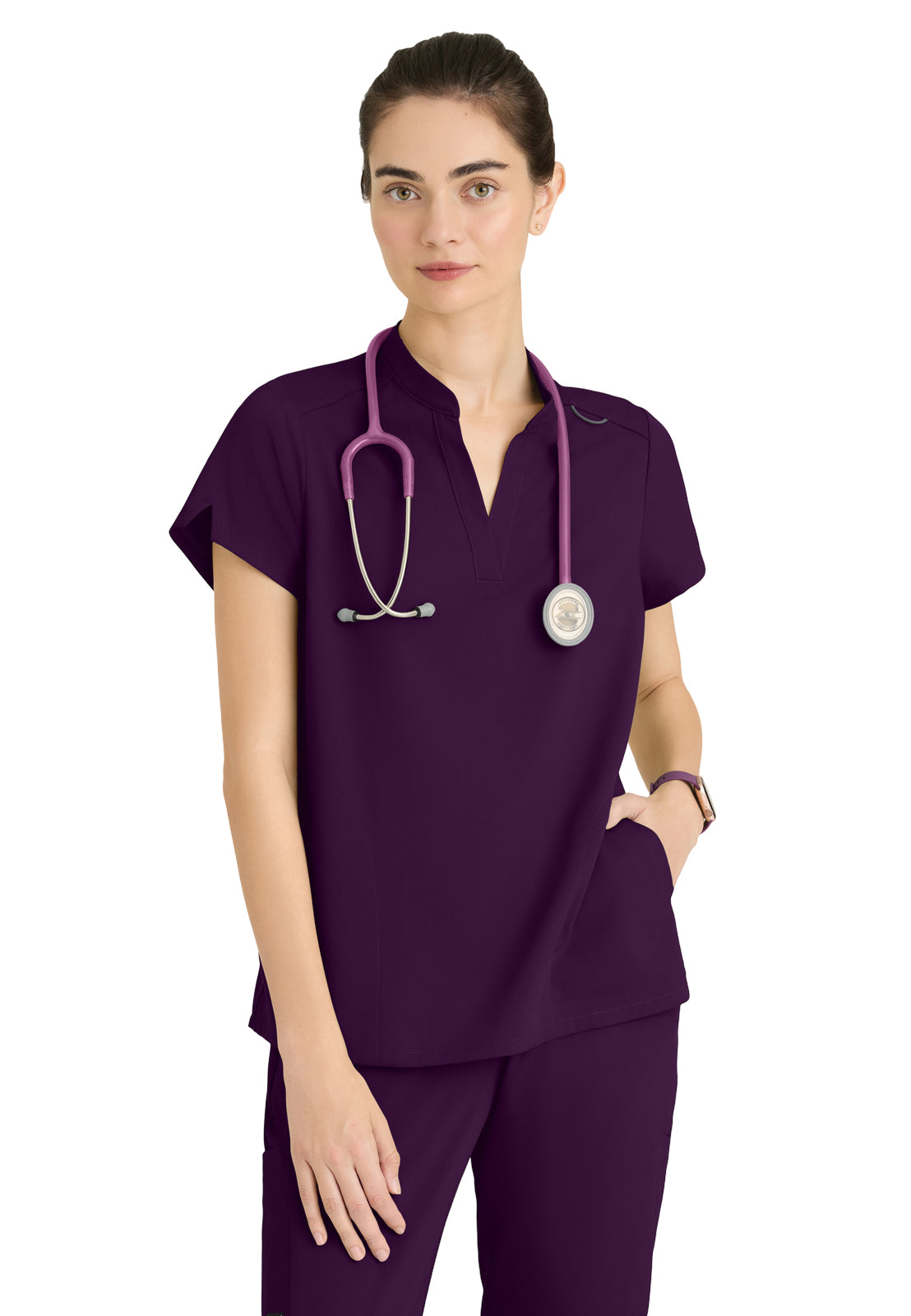 Women's 2 Pocket Banded Collar Avery Top - GRST230 - Eggplant