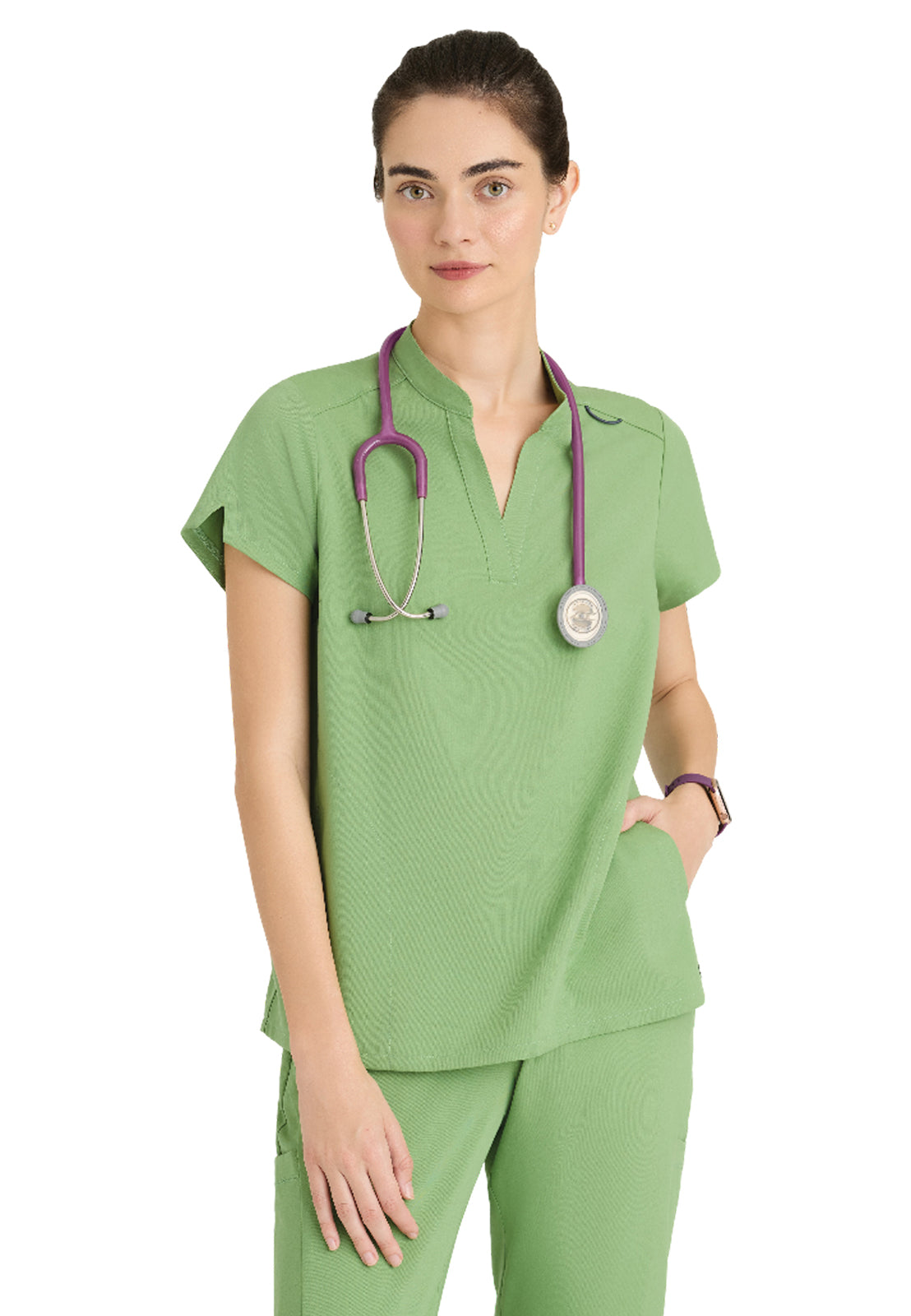 Women's 2 Pocket Banded Collar Avery Top - GRST230 - Sweet Basil