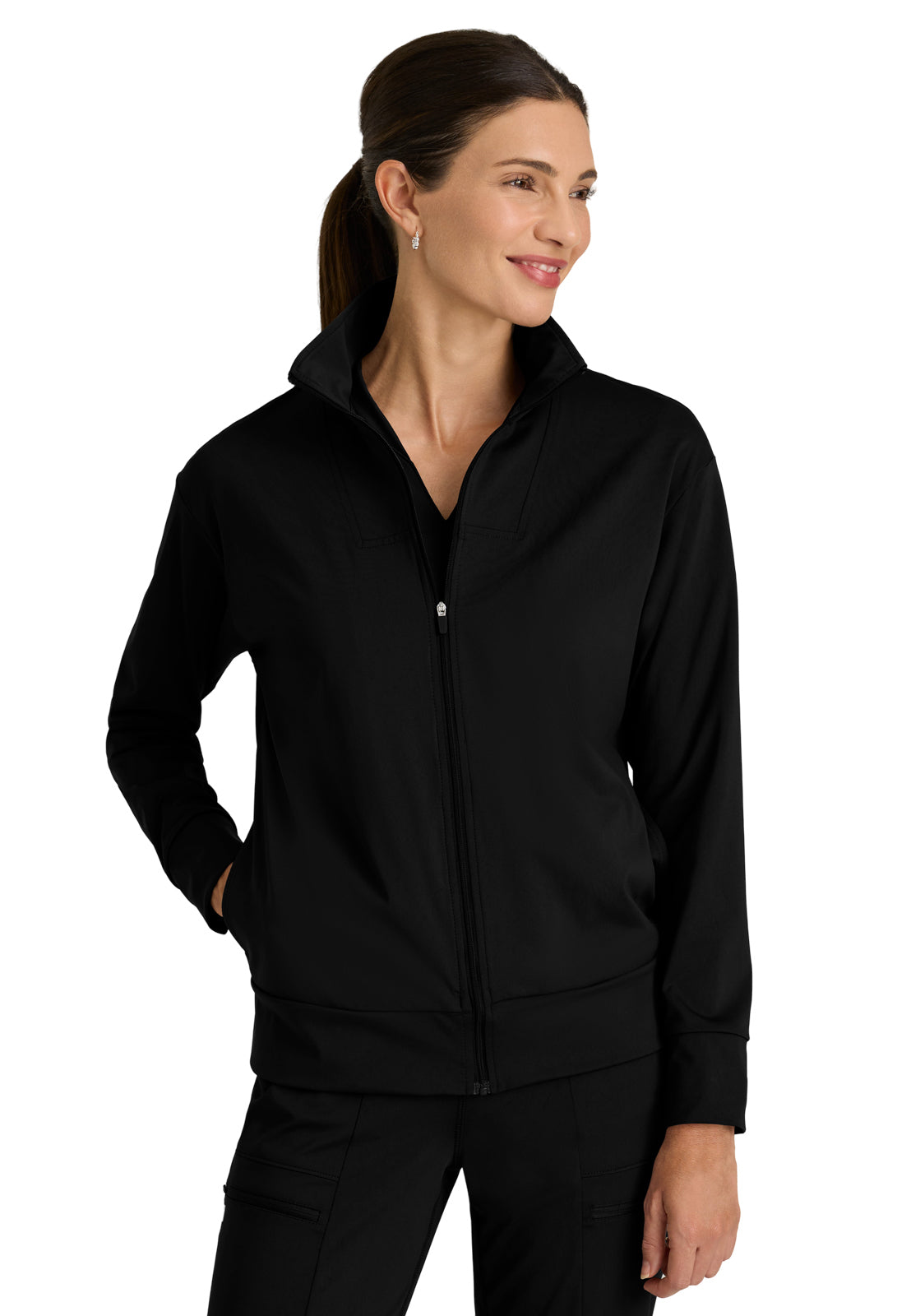Women's Four Pocket Zip Front Collar Ease Warm-Up Jacket - GRSW923 - Black