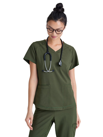 Women's Two-Pocket Piped V-Neck Rhythm Top - GSST180 - Fern