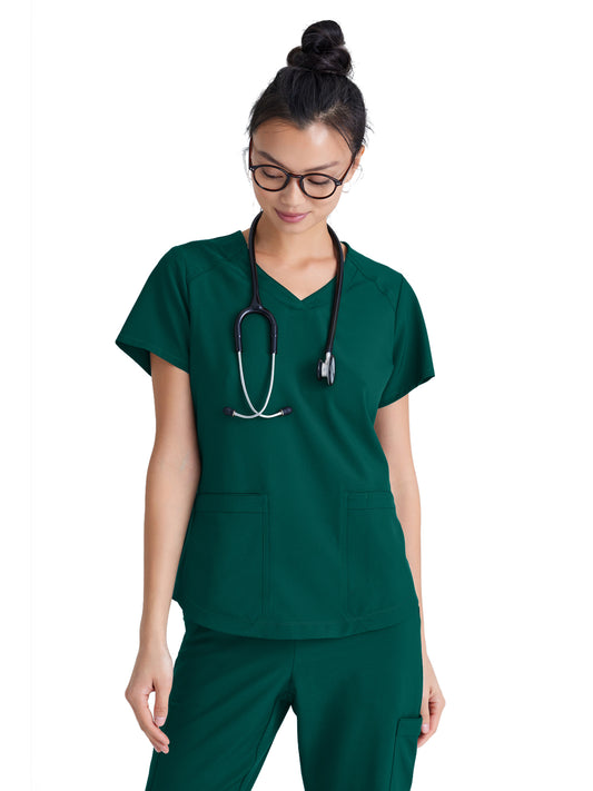 Women's Two-Pocket Piped V-Neck Rhythm Scrub Top - GSST180 - Hunter Green