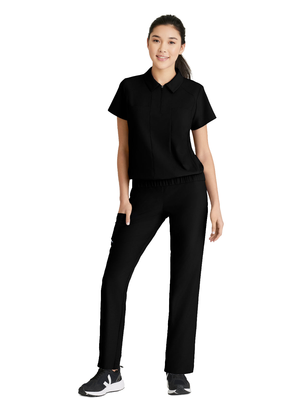 Women's 2 Pocket Zip Neck Banded Waist Perseverance Scrub Top - GSST215 - Black