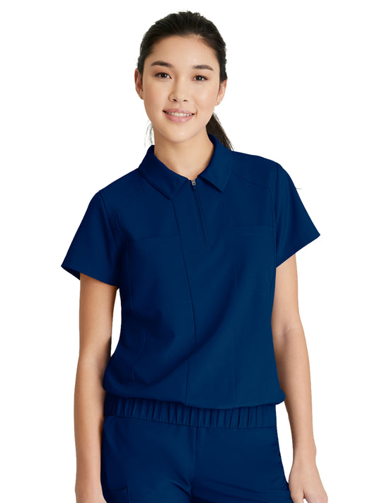 Women's 2 Pocket Zip Neck Banded Waist Perseverance Scrub Top - GSST215 - Indigo