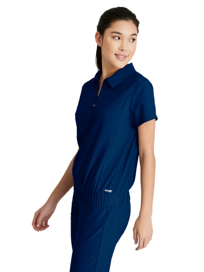 Women's 2 Pocket Zip Neck Banded Waist Perseverance Scrub Top - GSST215 - Indigo