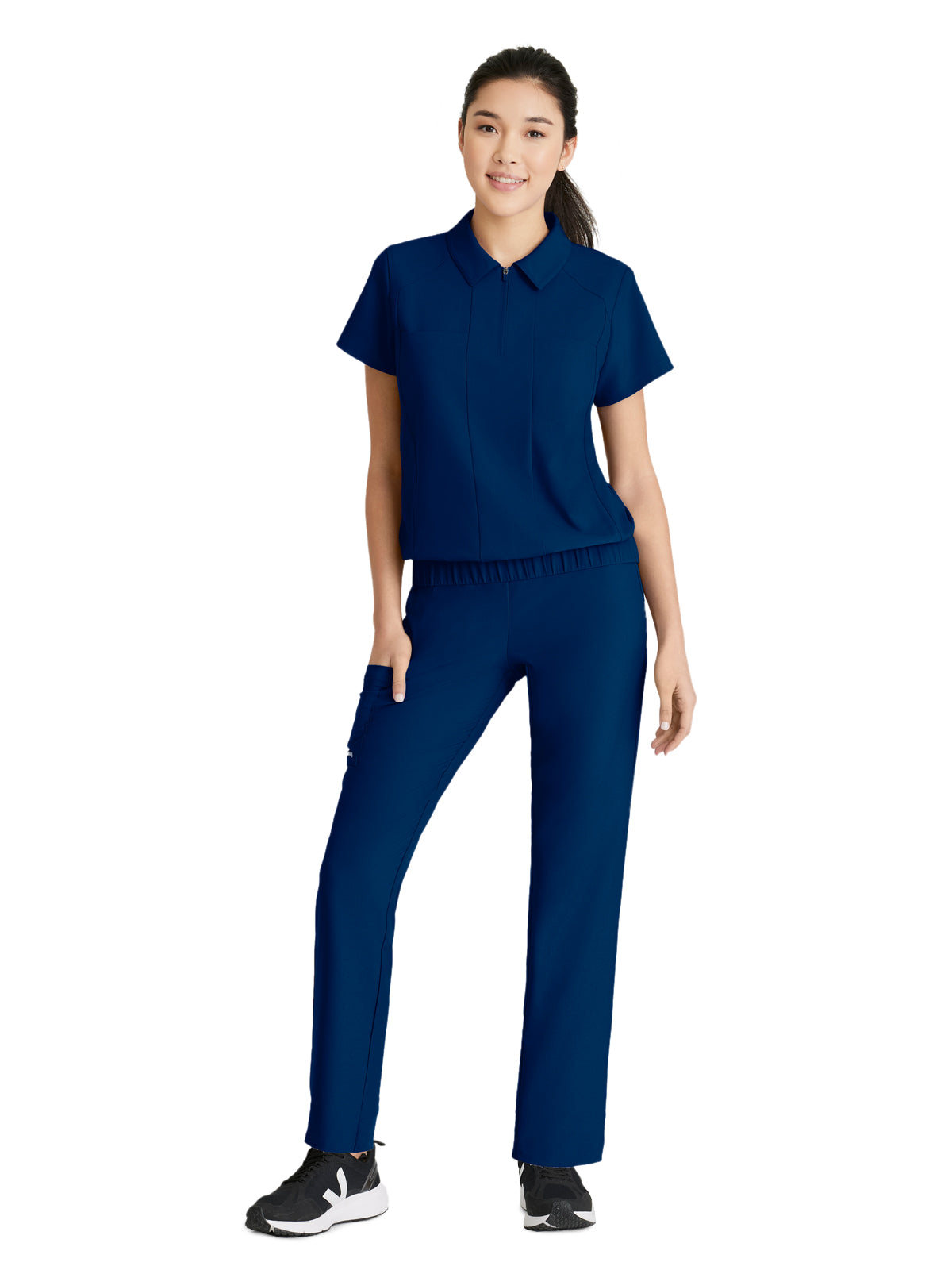 Women's 2 Pocket Zip Neck Banded Waist Perseverance Scrub Top - GSST215 - Indigo