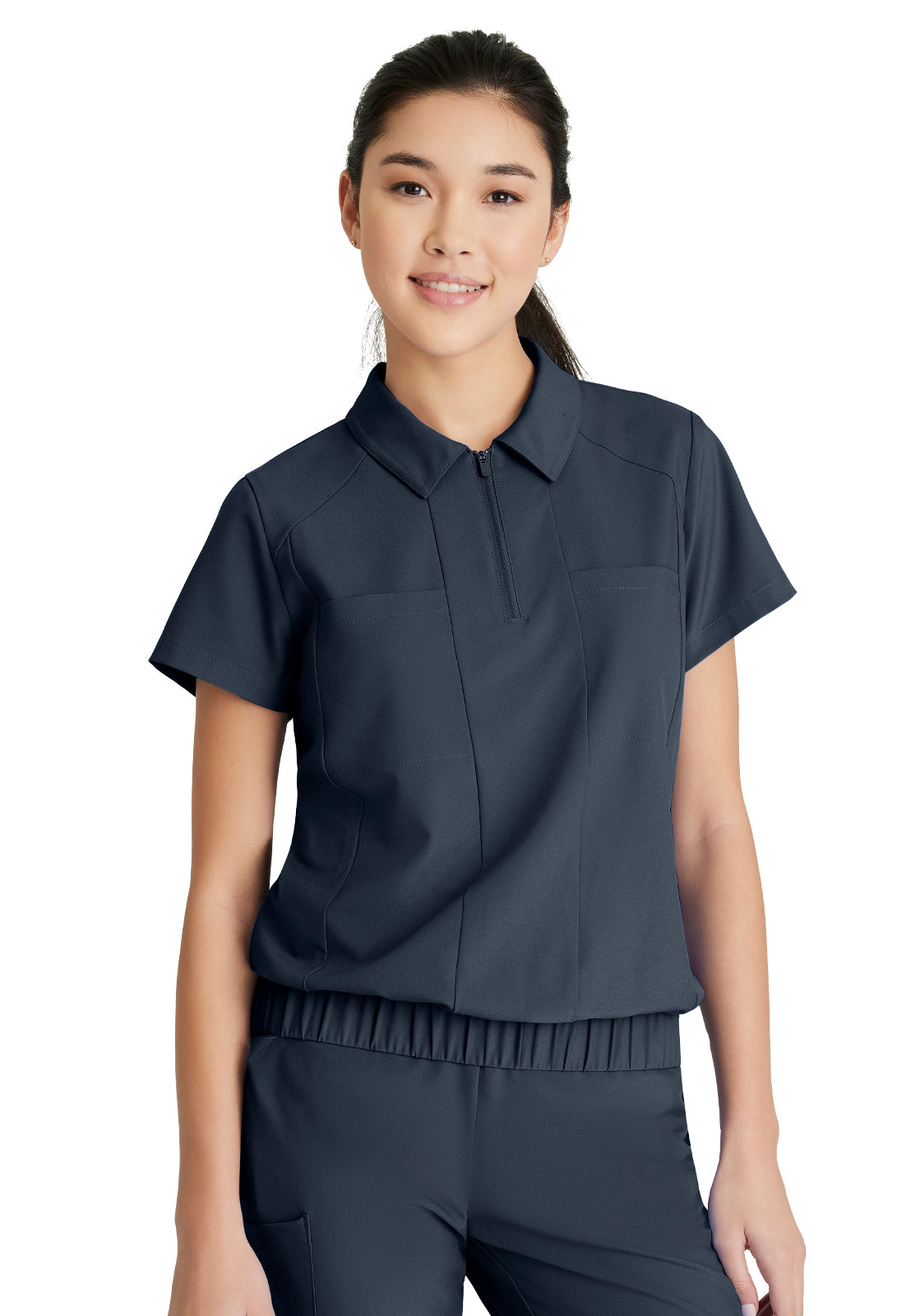 Women's 2 Pocket Zip Neck Banded Waist Perseverance Scrub Top - GSST215 - Steel