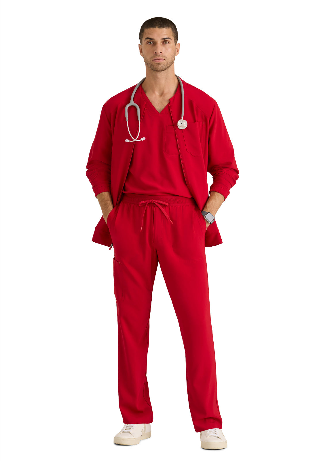 Men's Three-Pocket Banded Collar Cycle Scrub Jacket - GSSW887 - True Red