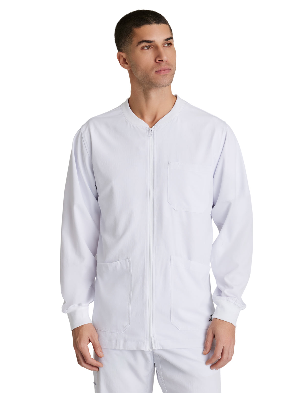 Men's Three-Pocket Zip-Up Structure Warm-Up Scrub Jacket - SK0408 - White