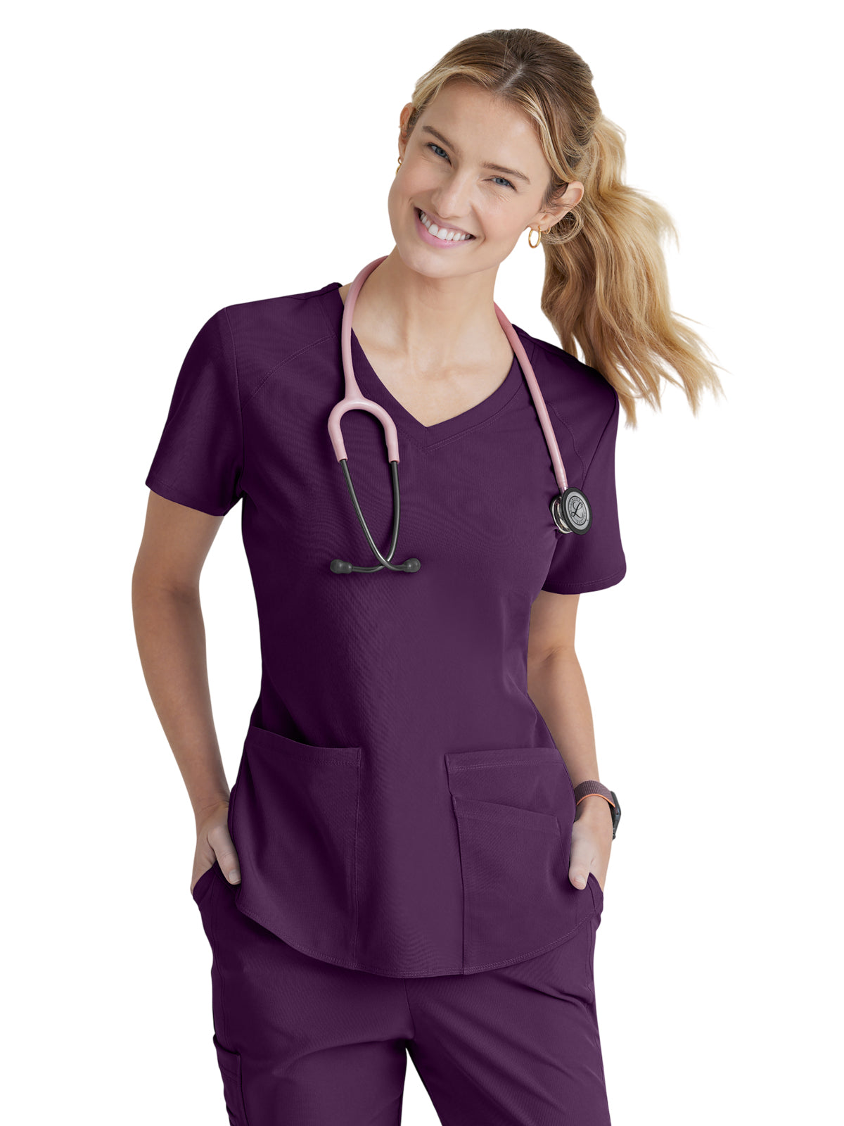 Women's Three-Pocket Curved V-Neck Breeze Scrub Top - SK101 - Eggplant
