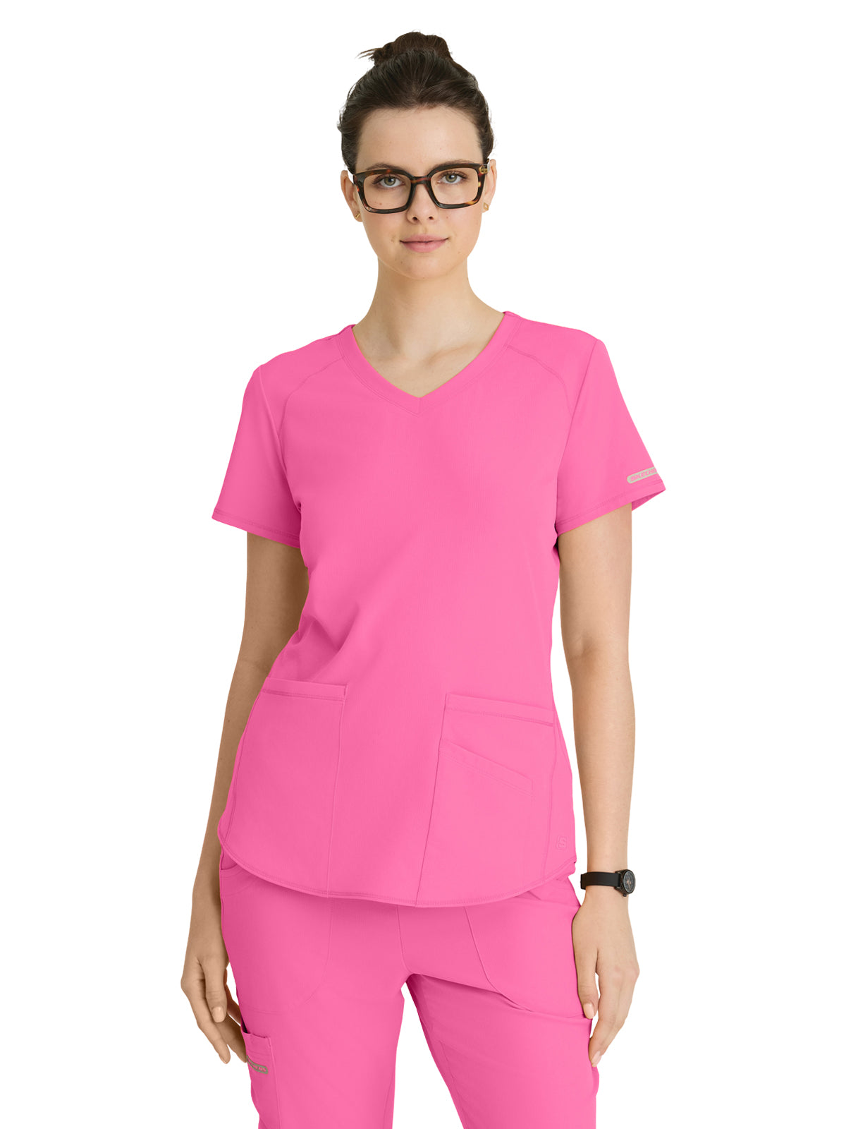 Women's Three-Pocket Curved V-Neck Breeze Scrub Top - SK101 - Passion Pink