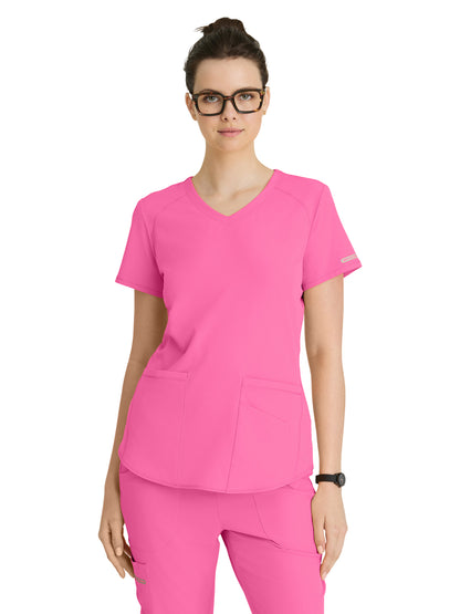 Women's Three-Pocket Curved V-Neck Breeze Scrub Top - SK101 - Passion Pink