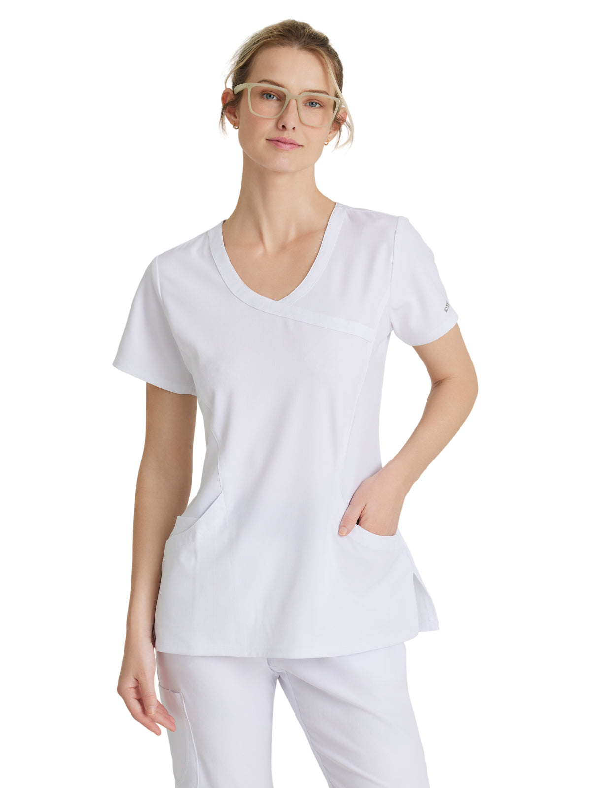 Women's Three-Pocket Crossover V-Neck Reliance Scrub Top - SK102 - White