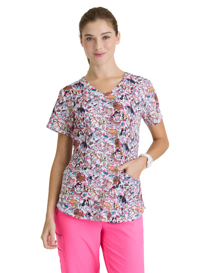 Women's Three-Pocket V-Neck Reliance Print Scrub Top - SKT021 - Central Bark