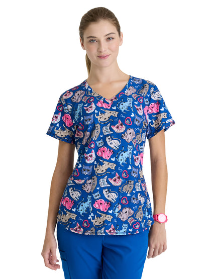 Women's Three-Pocket V-Neck Reliance Print Scrub Top - SKT021 - I Love Kitties