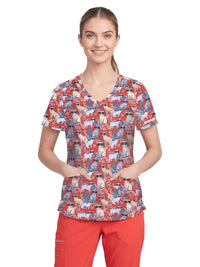 Women's Three-Pocket V-Neck Reliance Print Scrub Top - SKT021 - Resort Kitty