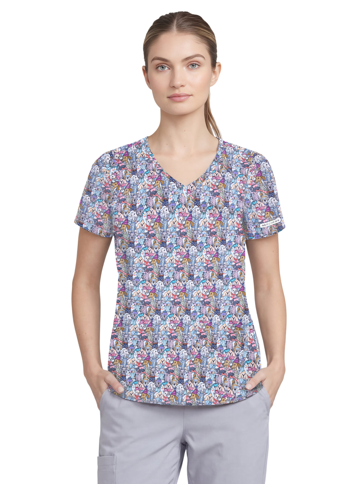 Women's Three-Pocket V-Neck Reliance Print Scrub Top - SKT021 - Sweater Together