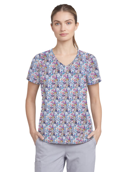 Women's Three-Pocket V-Neck Reliance Print Scrub Top - SKT021 - Sweater Together
