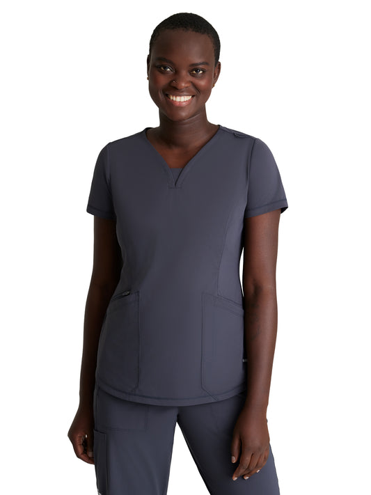 Women's 3 Pocket Gusset V-Neck Serene Top - SKT220 - Pewter