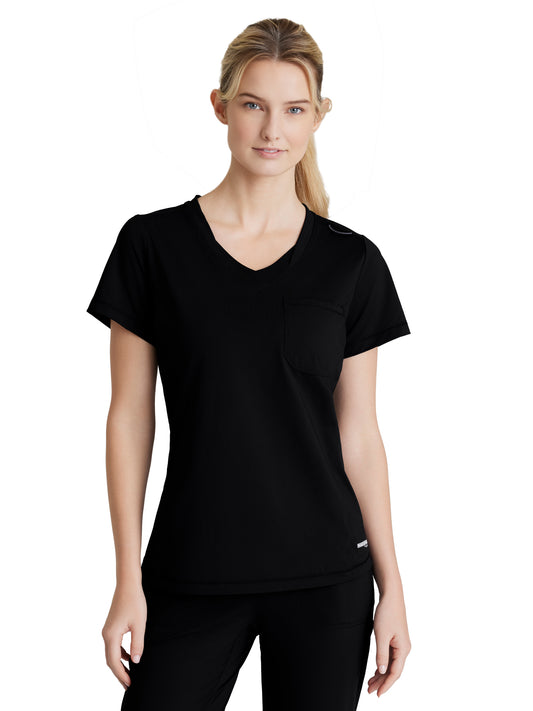Women's One-Pocket Curved Neck Flow Scrub Top - SKT221 - Black