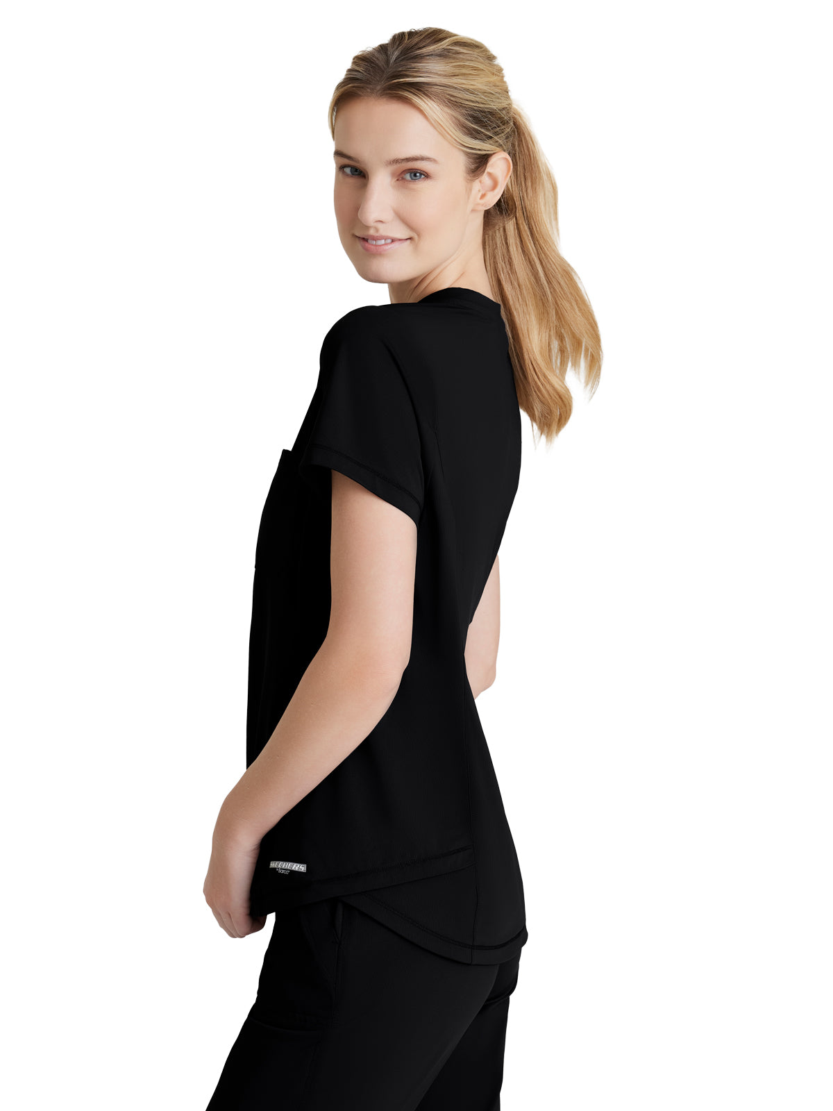 Women's 1 Pocket Tulip Hem Flow Scrub Top - SKT221 - Black