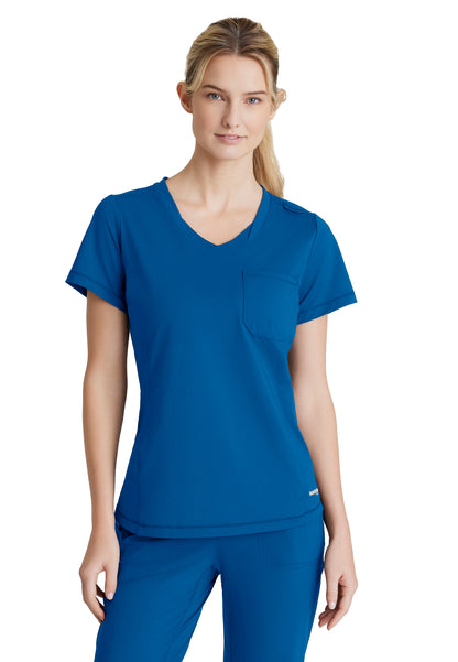 Women's One-Pocket Curved Neck Flow Scrub Top - SKT221 - New Royal