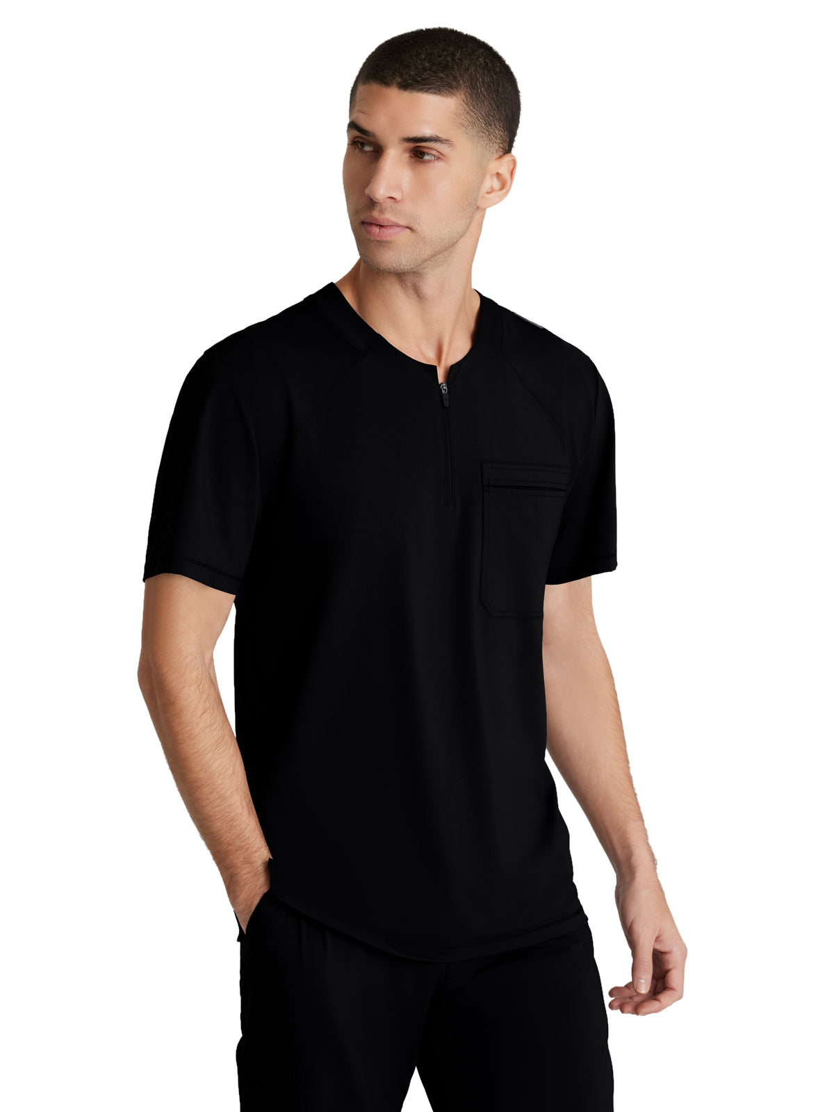 Men's One-Pocket Curved Neck Flex Scrub Top - SKT229 - Black