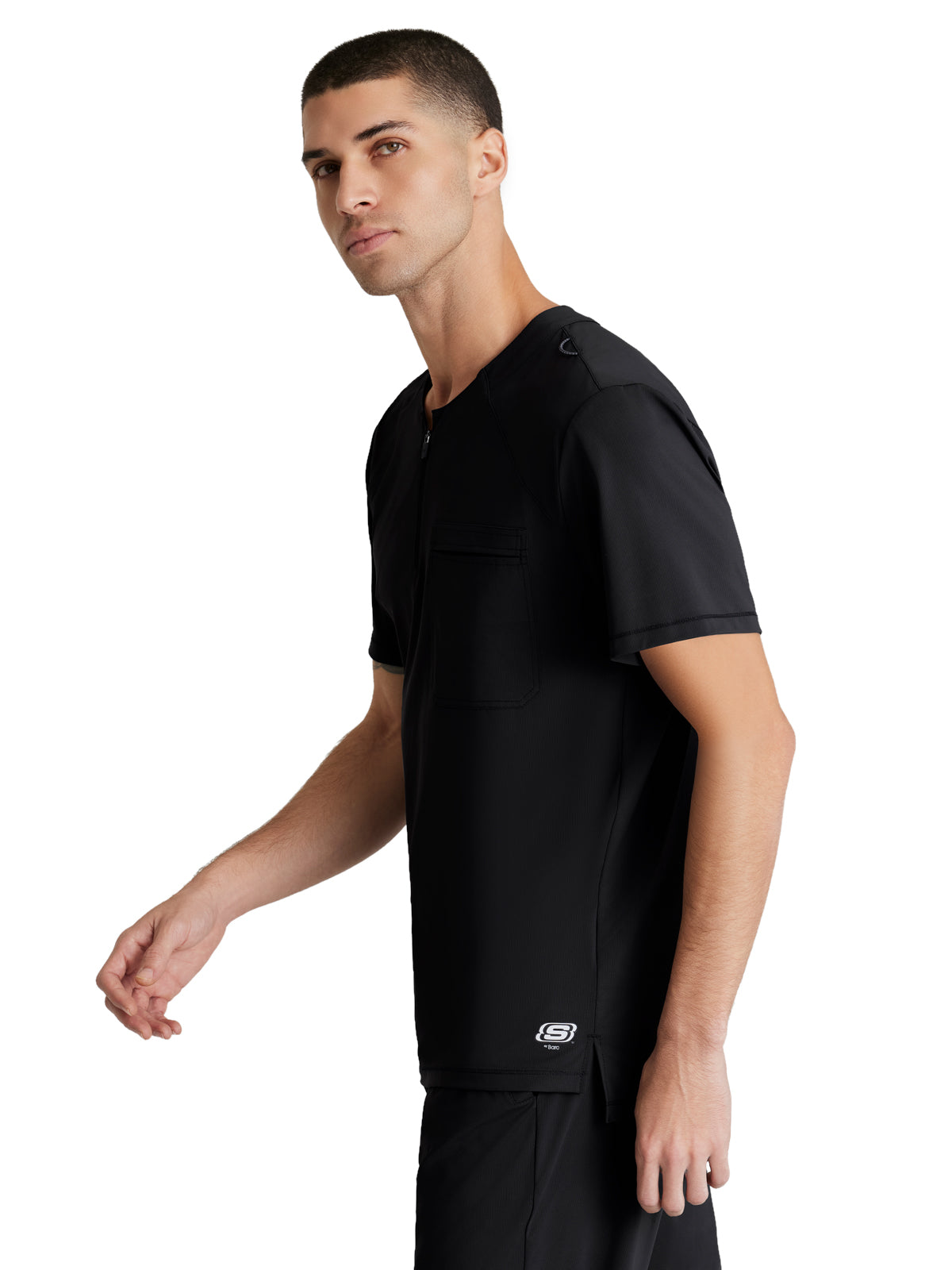 Men's Single Pocket Curved Neck Flex Scrub Top - SKT229 - Black