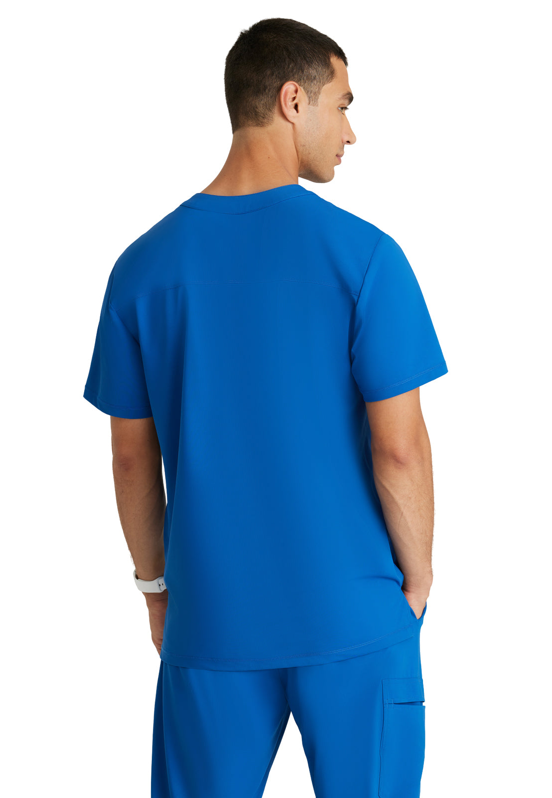 Men's Single Pocket Curved Neck Flex Scrub Top - SKT229 - New Royal