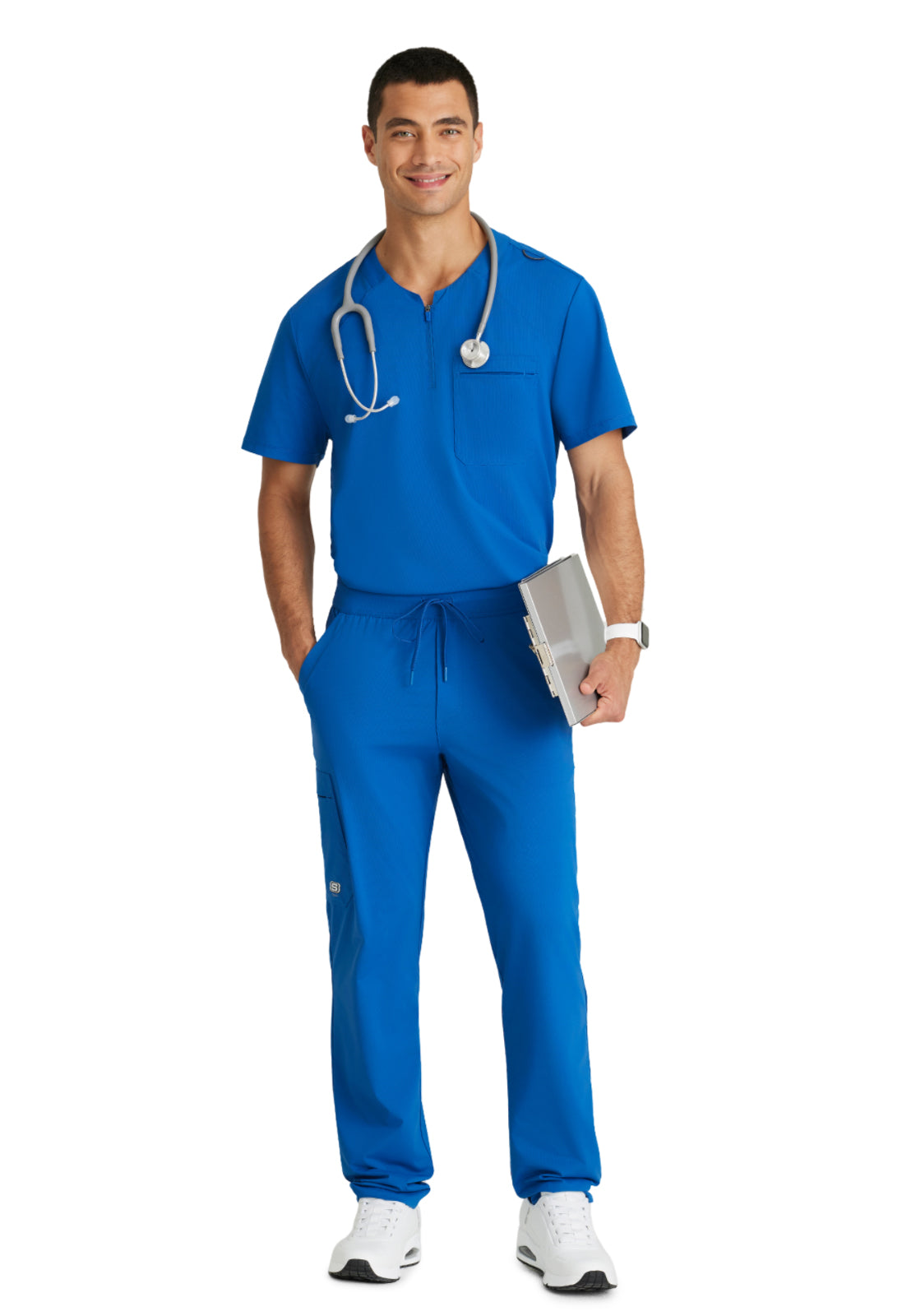 Men's Single Pocket Curved Neck Flex Scrub Top - SKT229 - New Royal