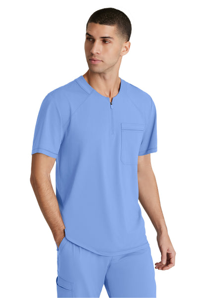 Men's Single Pocket Curved Neck Flex Scrub Top - SKT229 - Ciel Blue