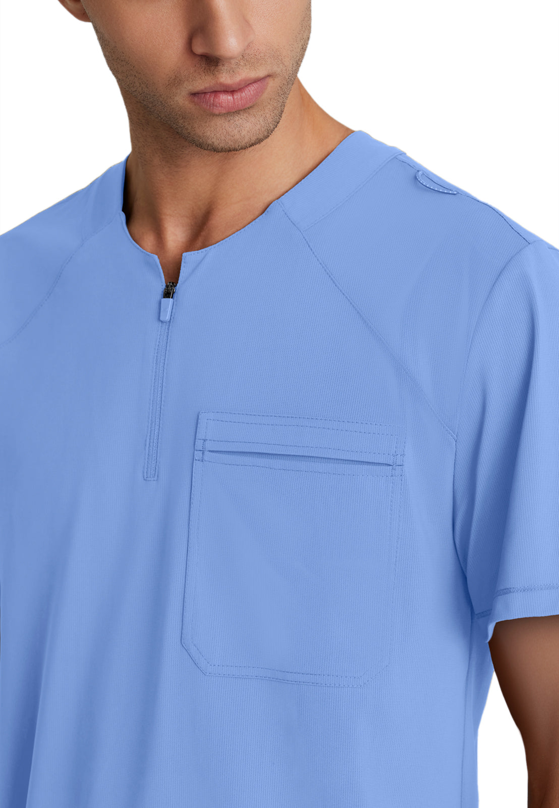 Men's Single Pocket Curved Neck Flex Scrub Top - SKT229 - Ciel Blue