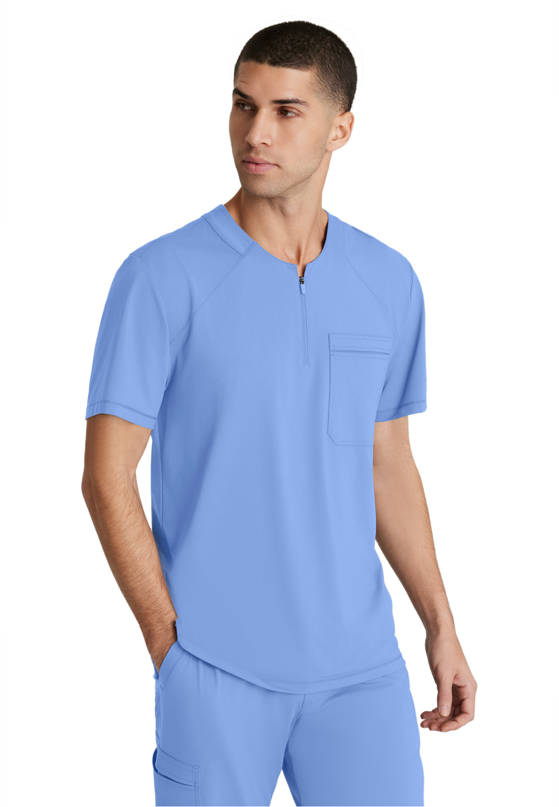 Men's One-Pocket Curved Neck Flex Scrub Top - SKT229 - Ciel Blue