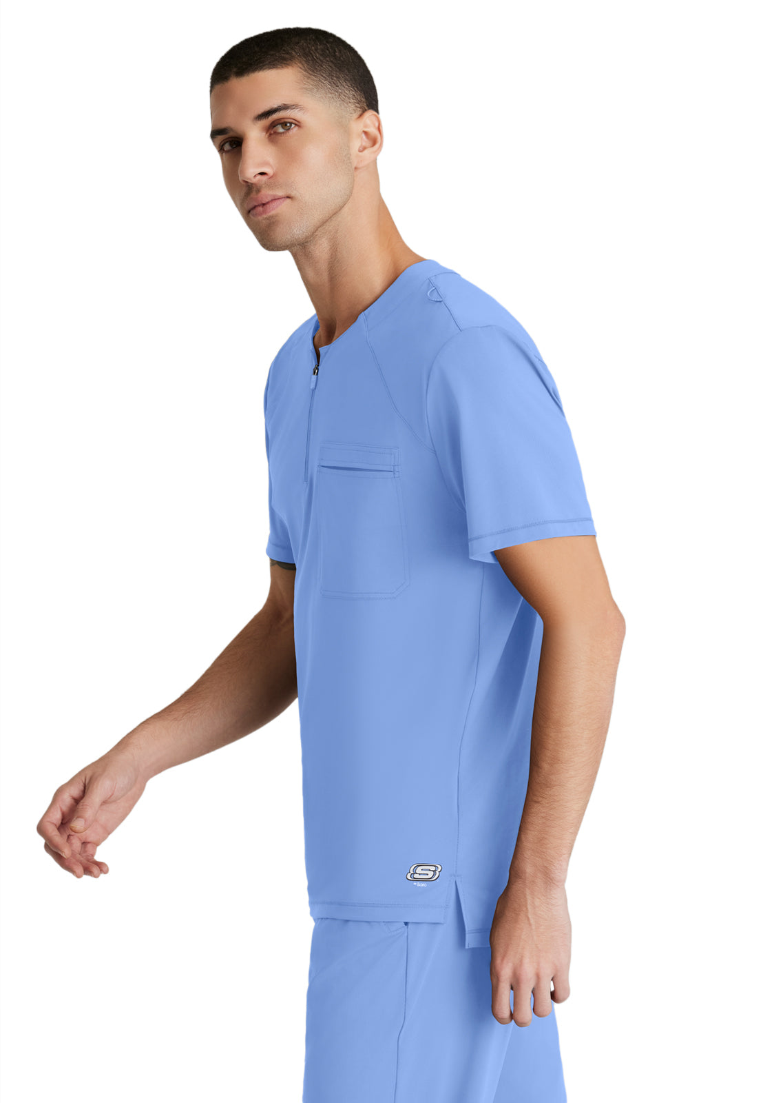 Men's Single Pocket Curved Neck Flex Scrub Top - SKT229 - Ciel Blue