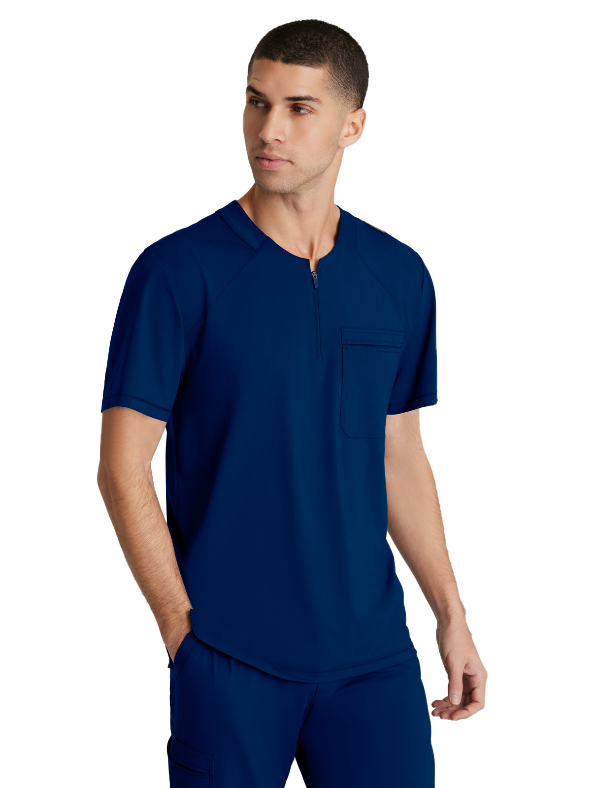 Men's Single Pocket Curved Neck Flex Scrub Top - SKT229 - Navy