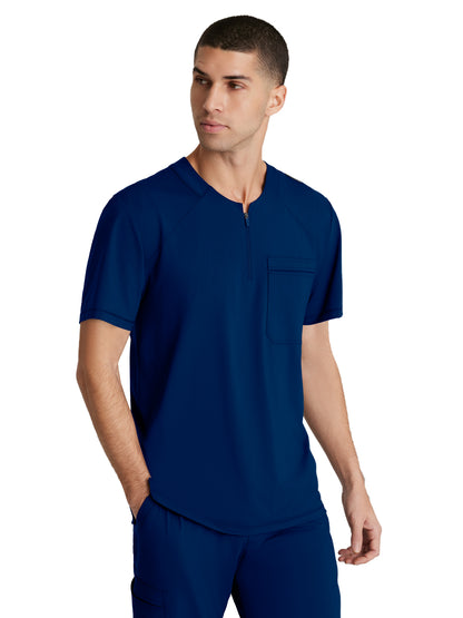 Men's Single Pocket Curved Neck Flex Scrub Top - SKT229 - Navy