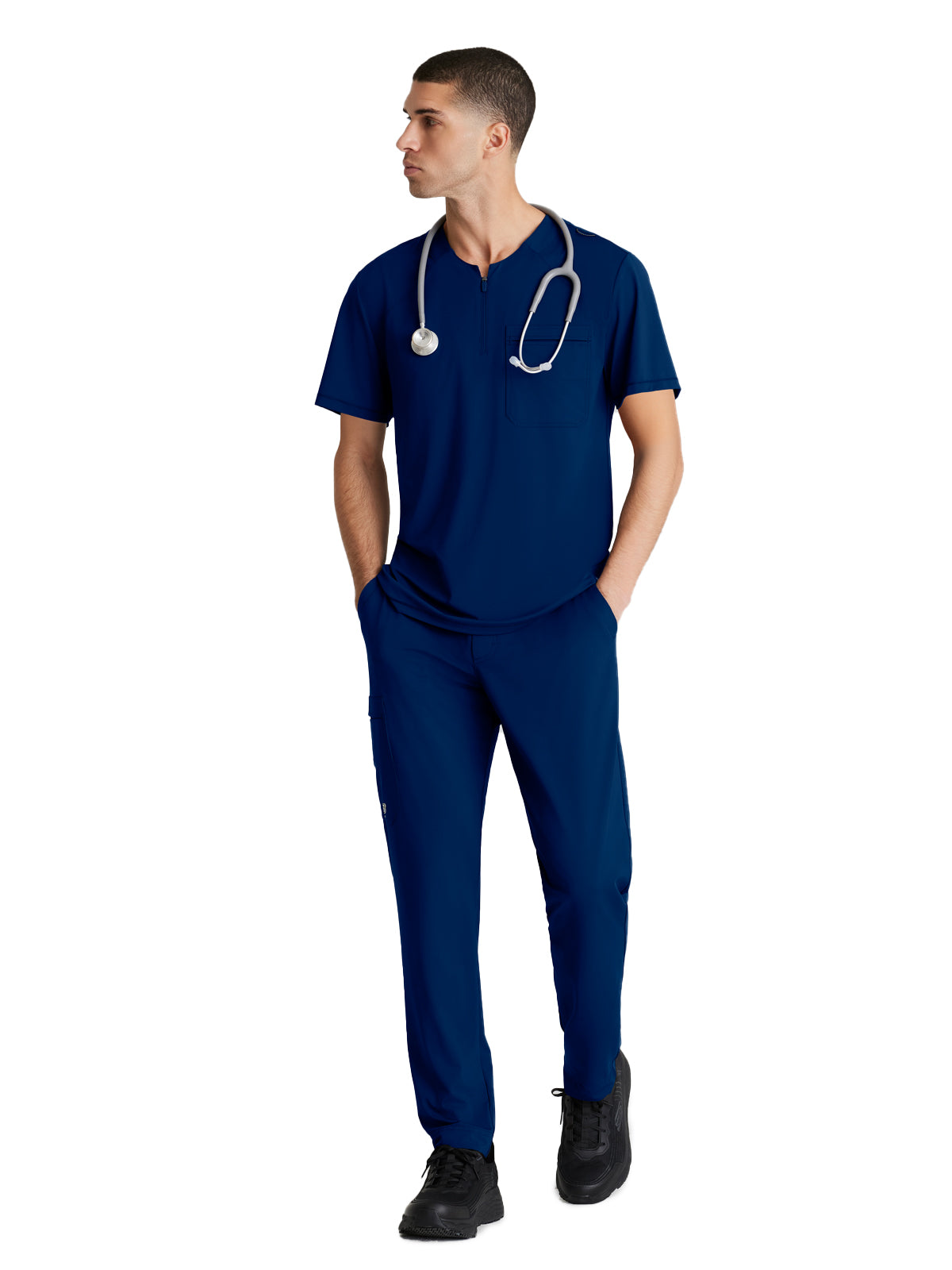 Men's Single Pocket Curved Neck Flex Scrub Top - SKT229 - Navy