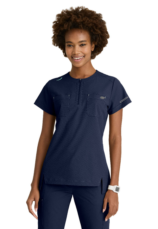 Women's Two-Pocket Round Neck Trek Scrub Top - SKT284 - Navy