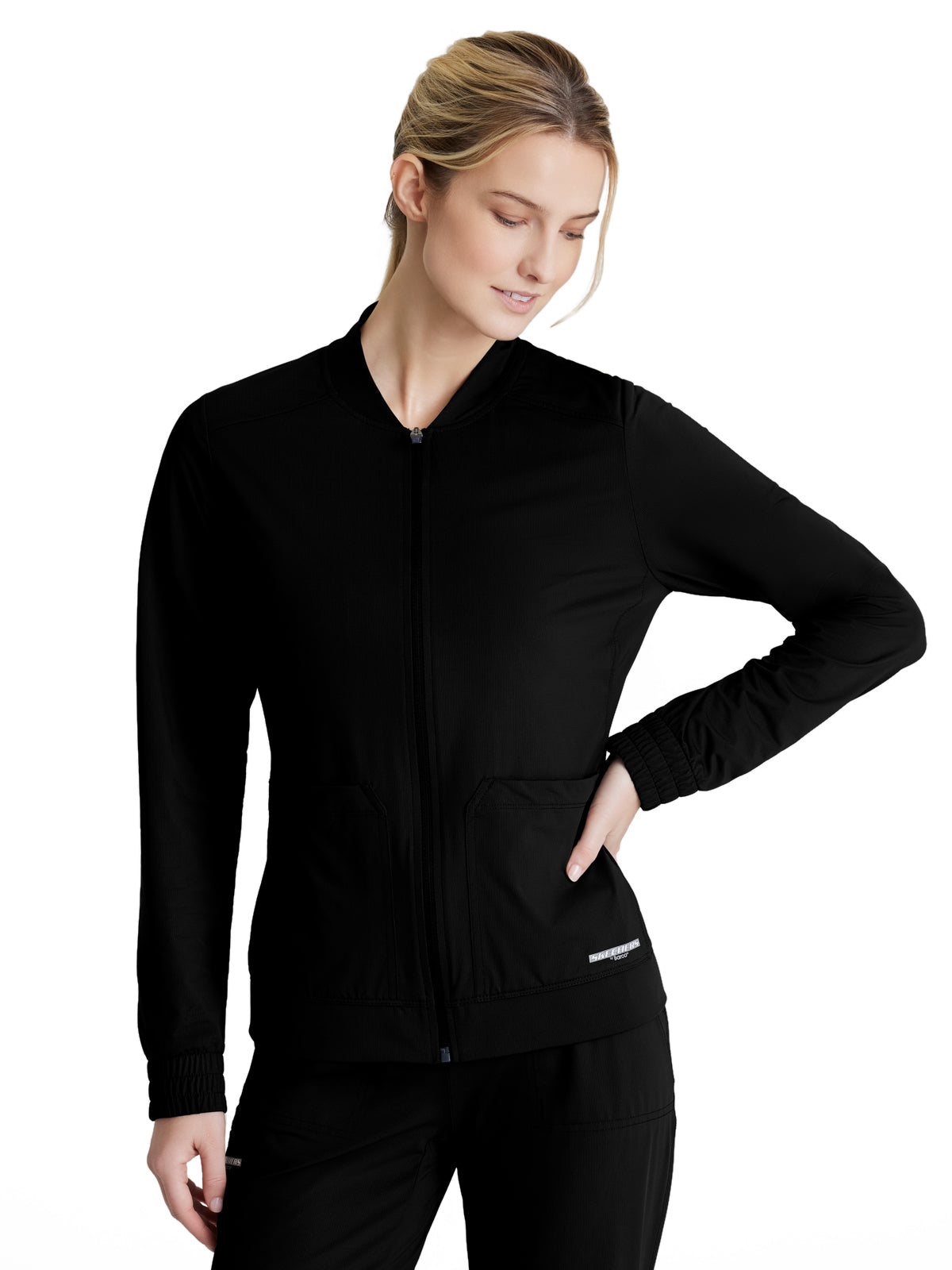 Women's 3 Pocket Front Zipper Warm-up Contour Scrub Jacket - SKW919 - Black