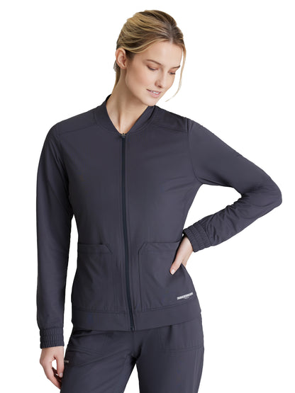 Women's 3 Pocket Front Zipper Warm-up Contour Scrub Jacket - SKW919 - Pewter