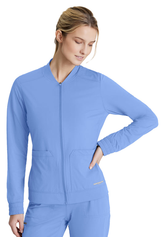 Women's 3 Pocket Front Zipper Warm-up Contour Scrub Jacket - SKW919 - Ciel Blue