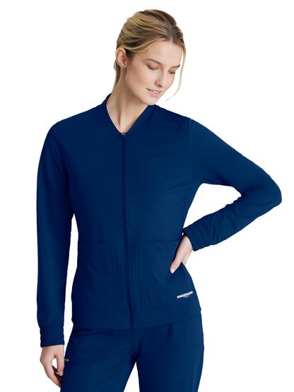 Women's Three-Pocket Zip-Up Contour Warm-Up Scrub Jacket - SKW919 - Navy